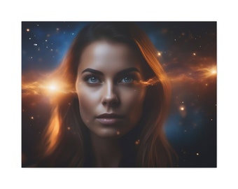 May include: A digital art print featuring a woman with blue eyes and long brown hair. The artwork has a cosmic theme, with glowing orange and yellow light emanating from the sides of the woman's head, set against a dark blue background with stars.