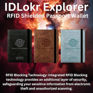 May include: Three RFID shielded passport wallets in black, brown, and blue. Each wallet has a globe logo with the text "Secure Travel Wallet" and "IDLokr" printed on the front. The wallets are displayed against a colorful nebula background. RFID Blocking Technology: Integrated RFID Blocking technology provides an additional layer of security, safeguarding your sensitive information from electronic theft and unauthorized scanning.