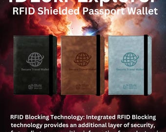 May include: Three RFID shielded passport wallets in black, brown, and blue. Each wallet has a globe logo with the text "Secure Travel Wallet" and "IDLokr" printed on the front. The wallets are displayed against a colorful nebula background. RFID Blocking Technology: Integrated RFID Blocking technology provides an additional layer of security, safeguarding your sensitive information from electronic theft and unauthorized scanning.
