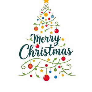 May include: A stylized Christmas tree design with the text "Merry Christmas" in a dark blue font. The tree is made of green vines with yellow stars, red, yellow, and blue ornaments.