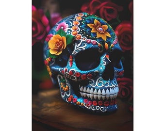 May include: A blue sugar skull with colorful floral and geometric designs. The skull is decorated with red, yellow, orange, green, and blue flowers.