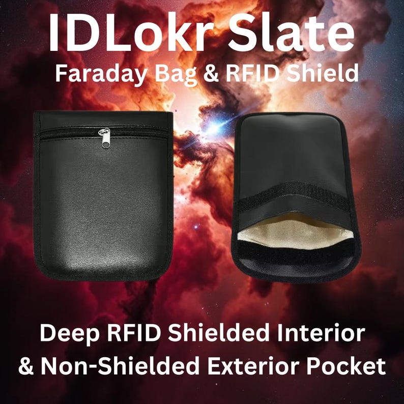 May include: Black leather IDLokr Slate Faraday Bag & RFID Shield with a zippered pocket and a deep RFID shielded interior pocket. The bag has a non-shielded exterior pocket.