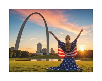 May include: A woman wearing a red, white, and blue American flag dress stands with her arms raised in front of the Gateway Arch in St. Louis, Missouri. The sky is a vibrant orange and pink.