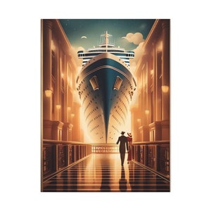 May include: A couple walks towards a large, blue cruise ship in a grand, illuminated hallway. The ship is positioned in the center of the image, with the couple walking towards it. The hallway is lined with columns and has a golden glow.