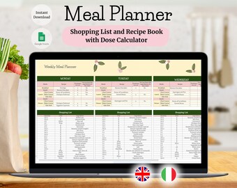 Pianificatore dei Pasti - Raccoglitore di ricette - Lista della Spesa Automatica - Calcolatore di Dosi - Modello Digitale per Google Sheets