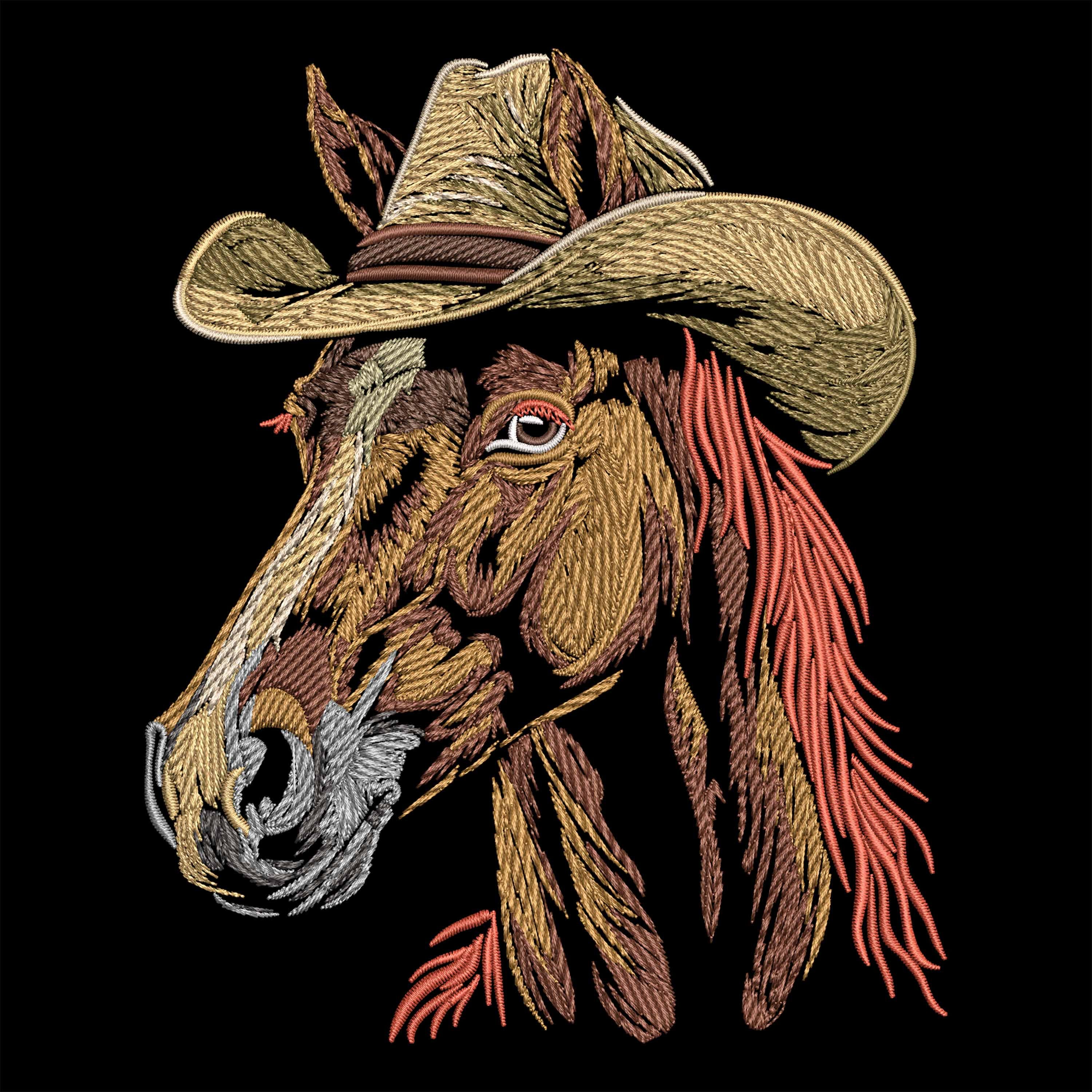 Western Horse Embroidery Design – Cowboy Hat Horse Machine Embroidery Pattern for Dark Textiles, Wild West Decor, Ranch Craft Digital File