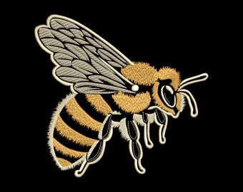 May include: A detailed embroidered patch of a bee with yellow and brown stripes, black eyes, and a white wing.