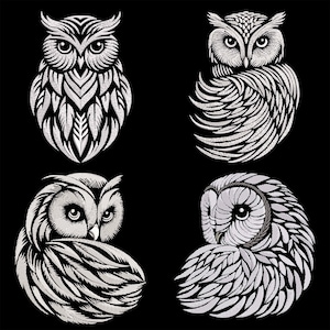 Puede incluir: Cuatro ilustraciones estilizadas en blanco y negro de búhos con patrones de plumas detallados. Los búhos miran en diferentes direcciones y tienen diferentes poses.