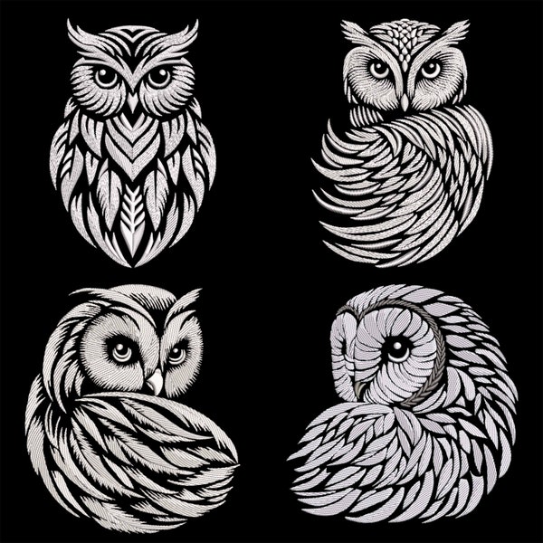 Lot de motifs de broderie élégant hibou mystique, emblème de la sagesse pour tissus sombres, oiseaux de la forêt nocturne fantaisistes noir et blanc, fichiers PES machine