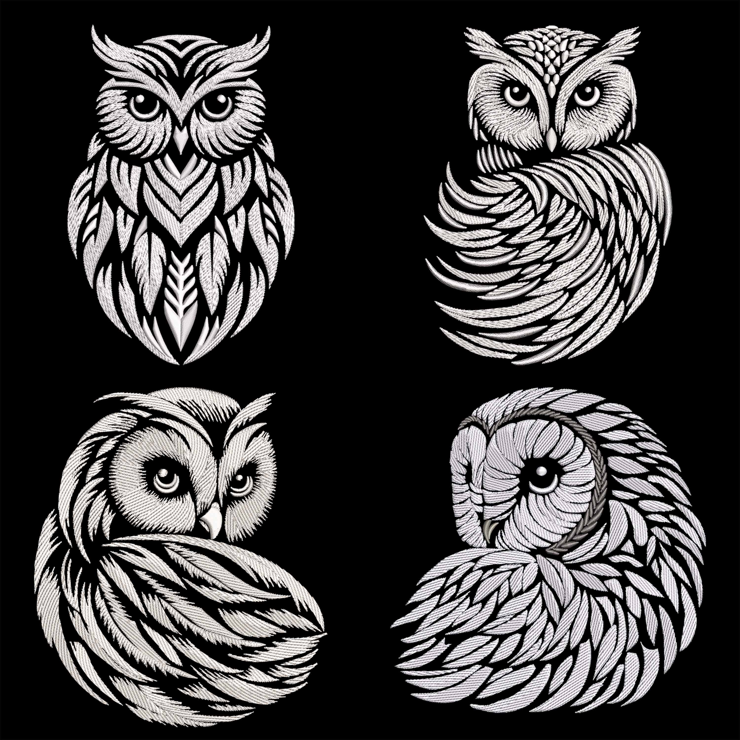 Elegant Mystic Owl Embroidery Designs Bundle, Wisdom Emblem for Dark Fabrics, Black & White Whim