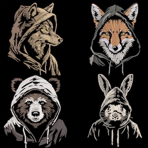 May include: Four different animals wearing hoodies. A wolf, a fox, a bear, and a rabbit. The animals are all drawn in a black and white style.
