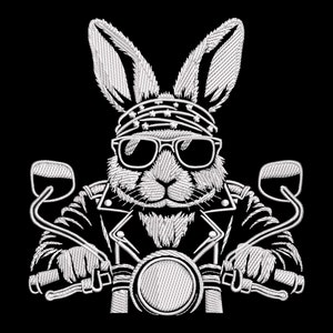 May include: A white embroidered design of a rabbit wearing sunglasses and a bandana, riding a motorcycle.
