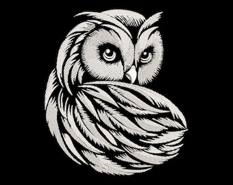 Enigmatic Owl Embroidery Design, Elegant Wisdom Embelm for Dark Fabrics, Night Forest Mystical Bird, Fill Stitch White Feathers PES Files