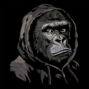 Gorilla in Hoodie Embroidery Design – Bold Urban Jungle Animal Digital Pattern  for Nature and Urban Style Lovers, Decor Dark Textiles, PES