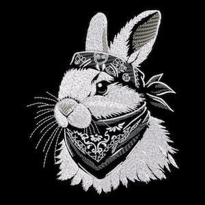 バンダナ刺繍デザインの白ウサギ - ダークテキスタイル用のクールなウサギの頭、おとぎ話の動物柄、フィルステッチの保育園の装飾 PES ファイル
