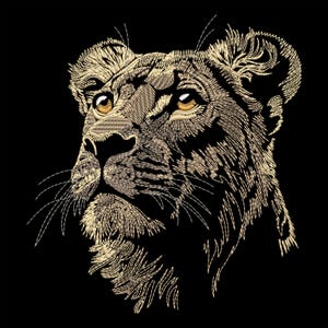 雌ライオンの刺繍デザイン - ダークなテキスタイル用のリアルな大型猫のパターン、アパレルと装飾用の野生動物デジタル縫製ファイル、マシン PES ファイル