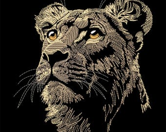Pode incluir: Um close-up do rosto de uma leoa, renderizado em um esquema de cores dourado e preto. A leoa está olhando para cima e para a direita, com a boca ligeiramente aberta. Seus olhos são de uma cor âmbar brilhante.