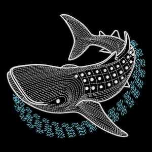 Puede incluir: Un dibujo de línea blanca de un tiburón ballena nadando en un círculo de agua azul. El tiburón ballena está detallado con líneas y puntos.