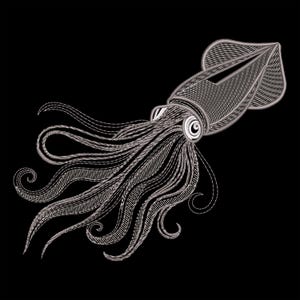 Könnte beinhalten: Eine gestickte schwarze und weiße Darstellung eines Kalmars mit einem langen, gekräuselten Körper und Tentakeln.