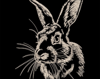 Peut inclure: Une image brodée en noir et blanc de la tête d'un lapin, avec un design texturé détaillé. Le lapin a un long nez, de grandes oreilles et un œil visible.