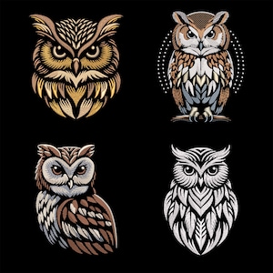 May include: Four stylised owl illustrations in different colours and patterns. The owls are facing forward with their wings spread out. The background is black.