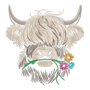 May include: Embroidered design of a white Highland cow with long, shaggy hair, holding a green stem with pink, yellow, and blue flowers in its mouth.