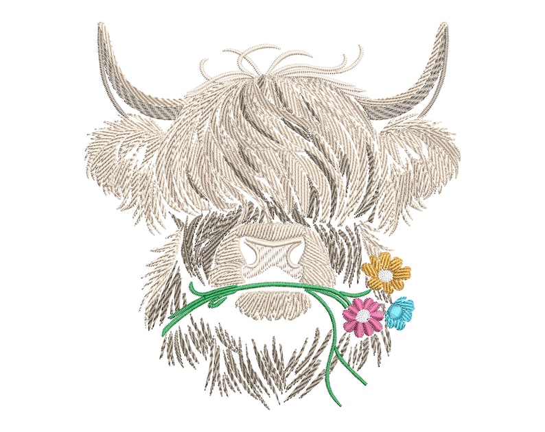 May include: Embroidered design of a white Highland cow with long, shaggy hair, holding a green stem with pink, yellow, and blue flowers in its mouth.