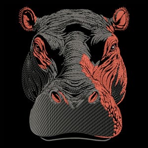 Può includere: Ricamo di un volto di ippopotamo su sfondo nero. Il volto dell'ippopotamo è dettagliato con filo grigio e corallo, mettendo in risalto occhi, orecchie e muso. Il design ha un aspetto strutturato e cucito, creando un ritratto animale unico.