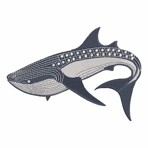 Può includere: Design ricamato di uno squalo balena nelle tonalità blu navy e grigio. Lo squalo balena ha un aspetto strutturato, con accenti a pois bianchi lungo la schiena. Il design è dettagliato e sembra essere una toppa o un'applicazione.