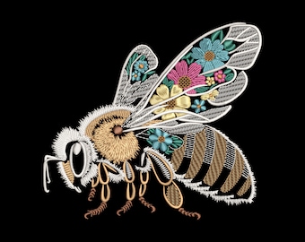 Floral Honeybee Embroidery Design - Realistic Bee for Dark Fabric, Elegant Wings with Flowers, Botanical Blossom Nature, Eco PES files