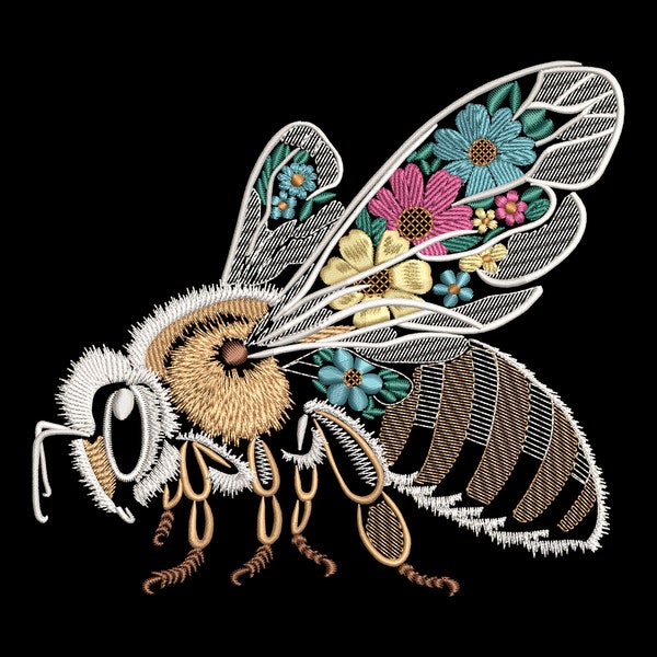 Floral Honeybee Embroidery Design - Realistic Bee for Dark Fabric, Elegant Wings with Flowers, Botanical Blossom Nature, Eco PES files