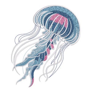 Pode incluir: Uma água-viva bordada com longos tentáculos flutuantes, em tons de azul e rosa. As águas-vivas são um motivo popular na arte e artesanato de temática marítima.