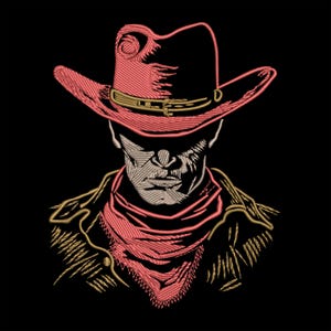 Può includere: Un'illustrazione ricamata stilizzata di un cowboy che indossa un cappello da cowboy rosso con una fascia dorata e un bandana rosso. Il cowboy ha un'espressione seria sul viso.