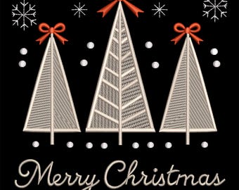 May include: Three white stylized Christmas trees with red bows on a black background. The trees are arranged in a row with the largest tree in the center. The text "Merry Christmas" is written in white below the trees.