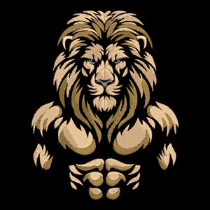 Broderidesign med brutal lejonkämpe - lugn styrka för mörkt tyg, emblem för vild djungelrovdjur, maskin-PES-filer
