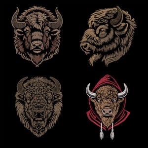 May include: Four different illustrations of a bison head. The first two are in a traditional style, while the third is in a more modern style. The fourth is a bison head wearing a red hooded sweatshirt.