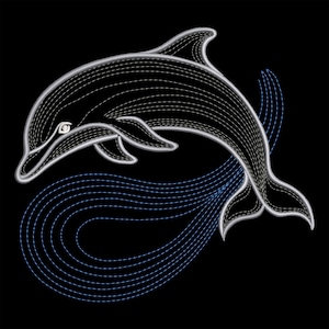 Op de afbeelding: Een witte lijntekening van een dolfijn die uit het water springt, met een blauwe lijntekening van golven erachter.