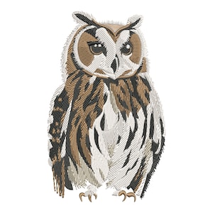 May include: Embroidered design of a brown and white owl with black markings. The owl has large, round eyes and a serious expression.