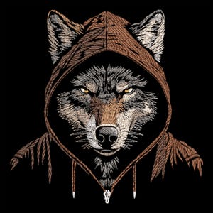 Peut inclure: Broderie représentant un loup portant un sweat-shirt à capuche marron. Le visage du loup est visible avec une expression sérieuse.