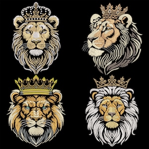 May include: Four embroidered lion heads with gold crowns. Each lion has a different mane colour and style. The lions are facing forward and have a serious expression.