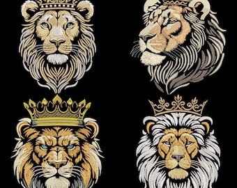 Noble Lion King Embroidery Designs Bundle - Royal Majestic Monarch with Crown for Dark Textiles, Powerful Animal Head, Elegant PES Pattern