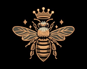 Queen Bee Embroidery Design - Royal Luxurious Insect for Dark Textiles, Honeybee with Goldern Crown Machine PES files, Nature Eco Craft