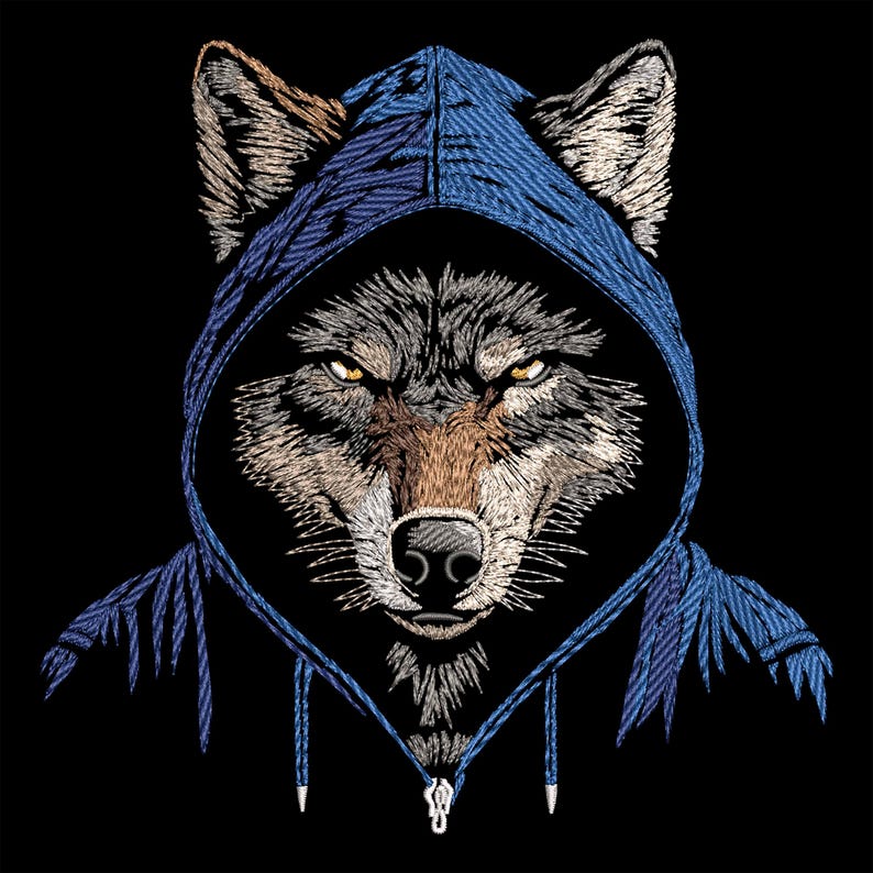 K&ouml;nnte beinhalten: Ein Wolf, der einen blauen Hoodie tr&auml;gt. Das Gesicht des Wolfes ist sichtbar, mit einem ernsten Ausdruck. Der Hoodie ist &uuml;ber den Kopf des Wolfes gezogen, wobei die Kapuze die Ohren des Wolfes bedeckt.