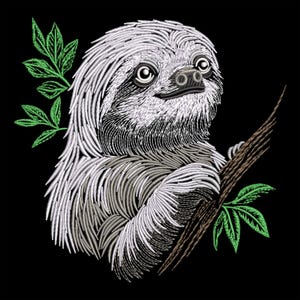 Dreamy Sloth with Leaves Embroidery Design – Cute Jungle Animal Digital File for Machine Embroidery, Black Fabric, PES, Home Decor