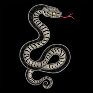 May include: An embroidered snake in black and white with a red tongue. The snake is curled up in a coil.