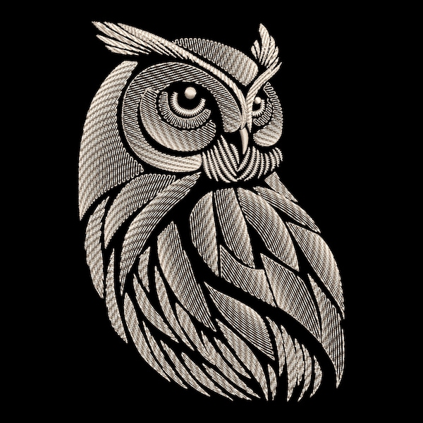 Quick Stitch Wise Eagle-Owl Embroidery Design - Intricate Gradiente Feather Detailing for Dark Fabrics, Sketch Mystic Fairy Forest Pattern