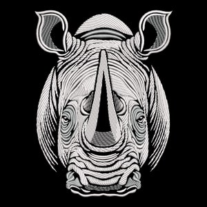 May include: A black and white line art illustration of a rhinoceros head. The rhinoceros has a large, prominent horn and a textured, detailed face.