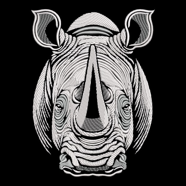 Rhino Head Embroidery Design - Wild Rhinoceros for Dark Textiles, African Savannah Animal, Powerful Wildlife, Rugged Beauty Machine PES file