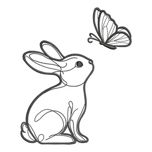 Pode incluir: Um desenho de linha preto e branco de um coelho olhando para cima para uma borboleta. O coelho está sentado em suas patas traseiras com as orelhas levantadas. A borboleta está voando sobre o coelho com as asas abertas.