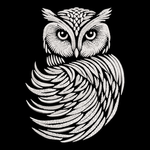 Elegante Mystische Eule Stickerei, Monochromes Weisheits Emblem für Dunkle Stoffe, Nachtwald Vogel, Maschinen PES Dateien, Gefüllte weiße Federn